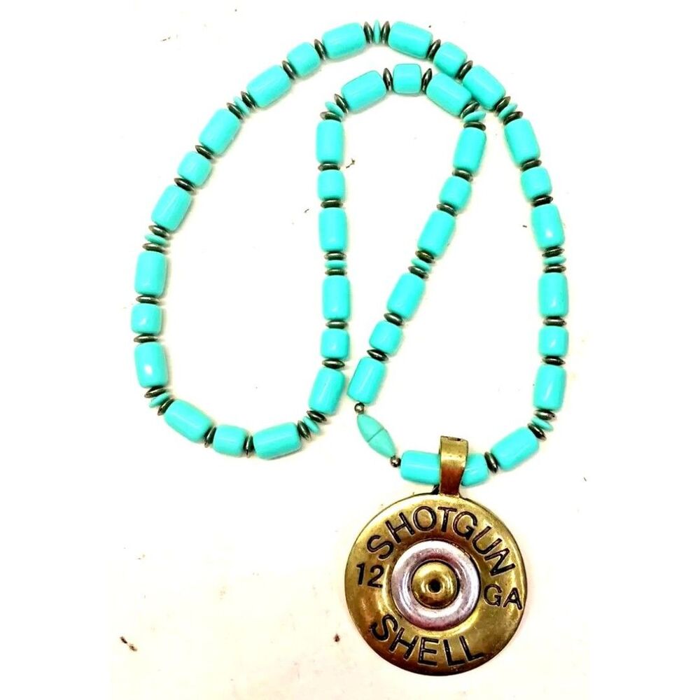 Native American 12 Gauge Pendant Necklace w/ Turquoise Amber Seashell Beads